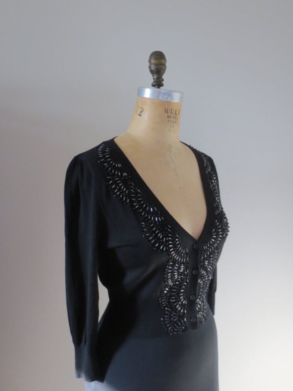 Vintage Forever 21 Black Button Front Beaded 3/4 Sleeve Cropped Cardigan - Picture 3 of 6